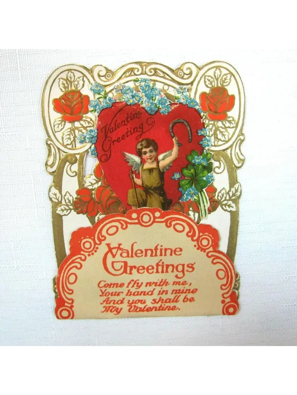 Vintage Valentine Card 1926 Pulldown Diecut 3D Boy Angel Wings Horseshoe Germany